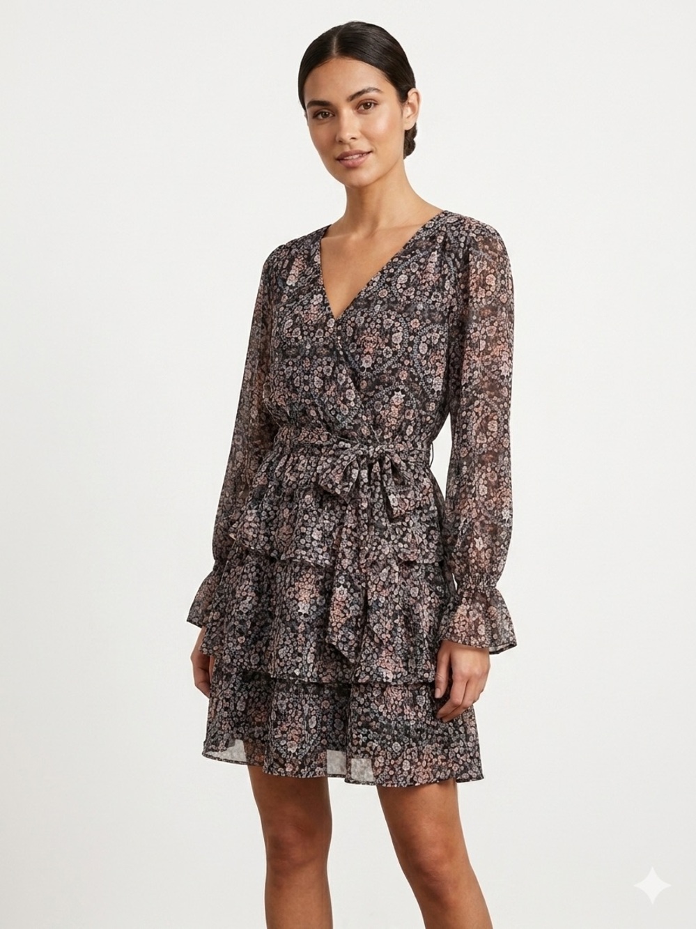 LC Lauren Conrad Black and Blush Floral Wrap Mini Dress
